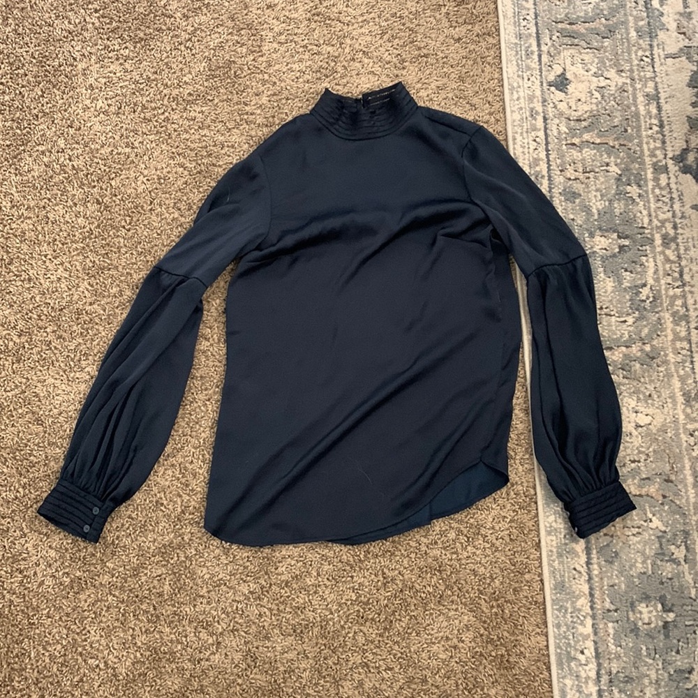 H&M Mock Neck Silk Navy Blue Office Shirt